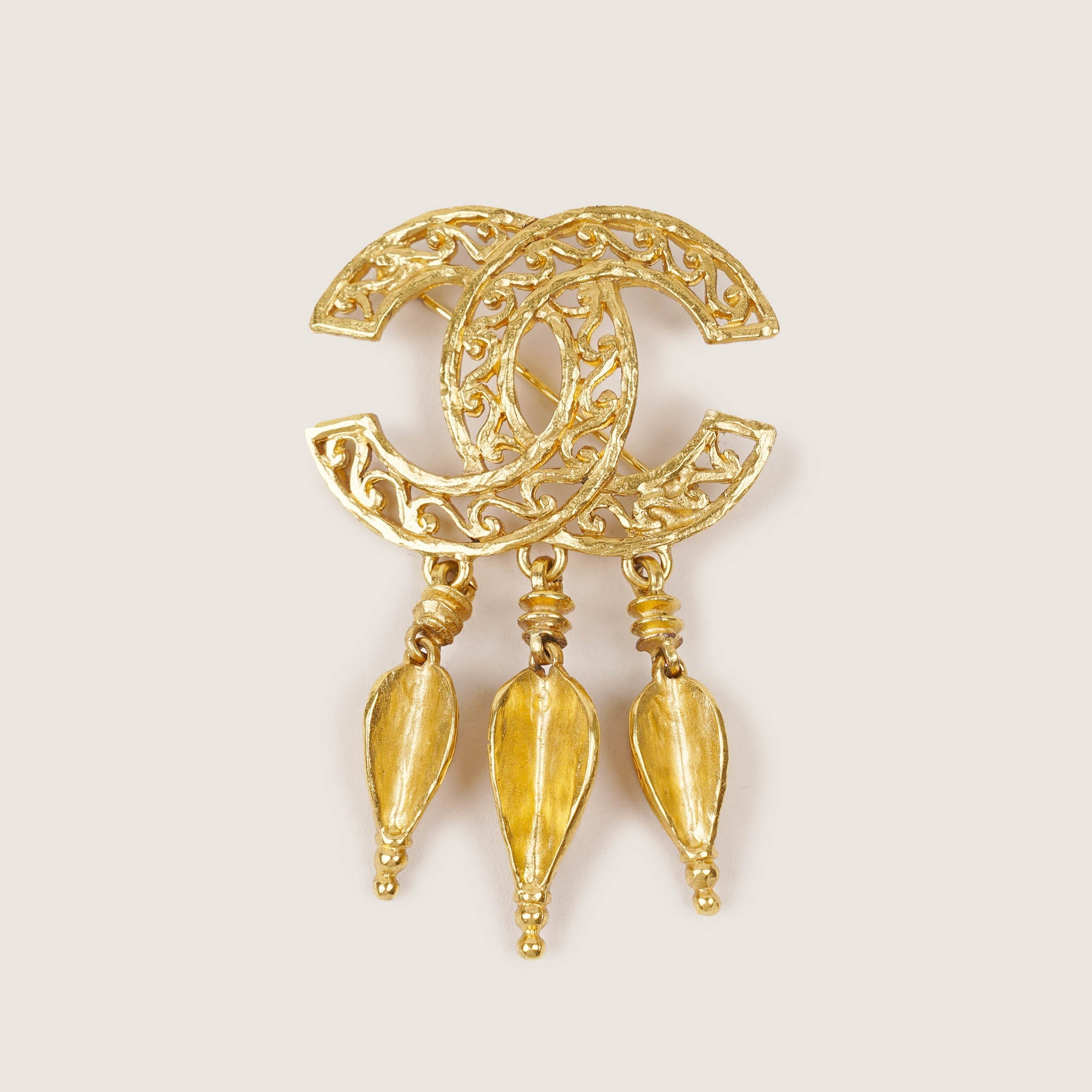 Filigree Logo Gold Tone Brooch - CHANEL - Affordable Luxury