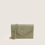 Saint Laurent Cassandre plånbok på kedja Sage Green Grain de Poudre läder thumbnail image