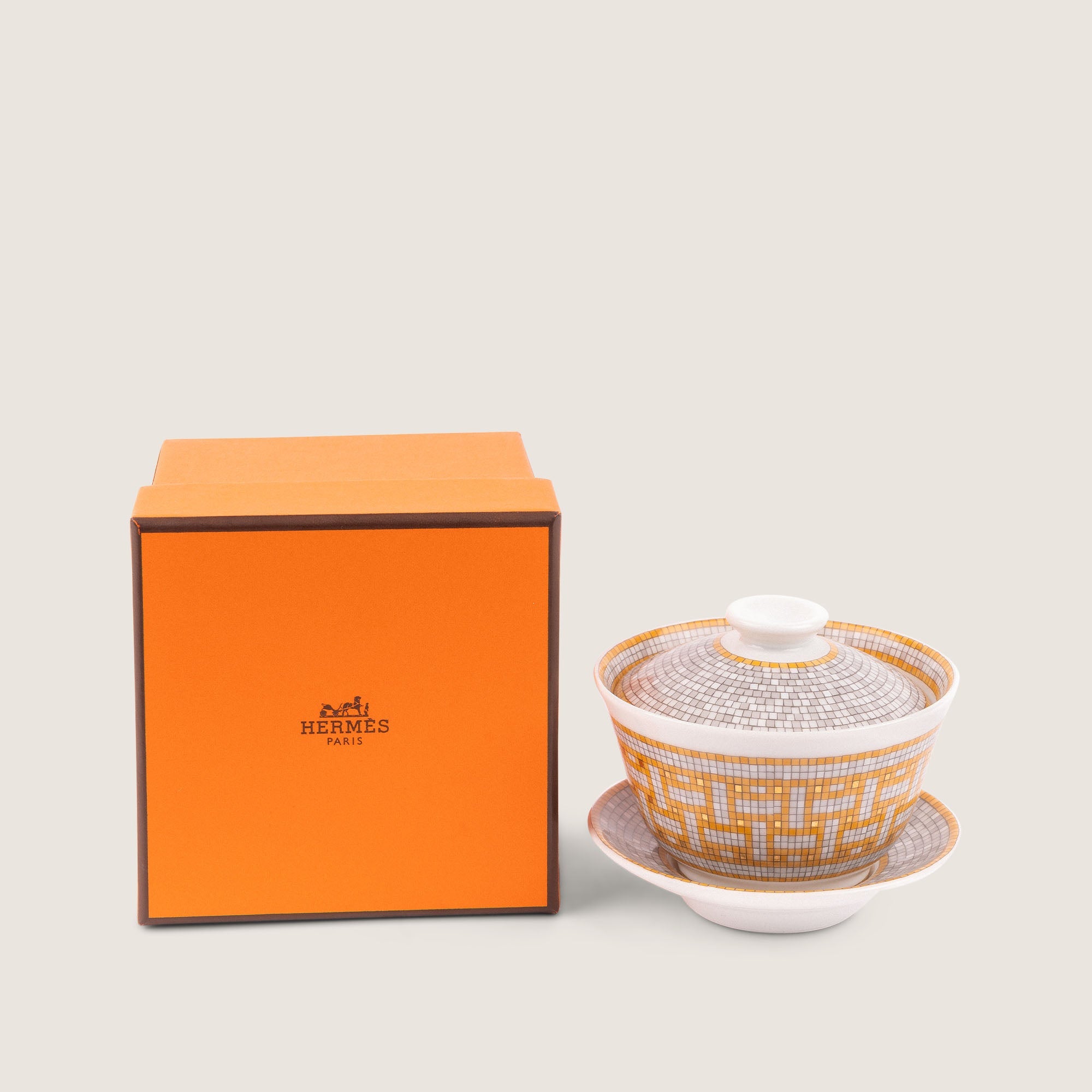 Mosaique au 24 Gold Tea Cup With Lid and Saucer - HERMÈS - Affordable Luxury image